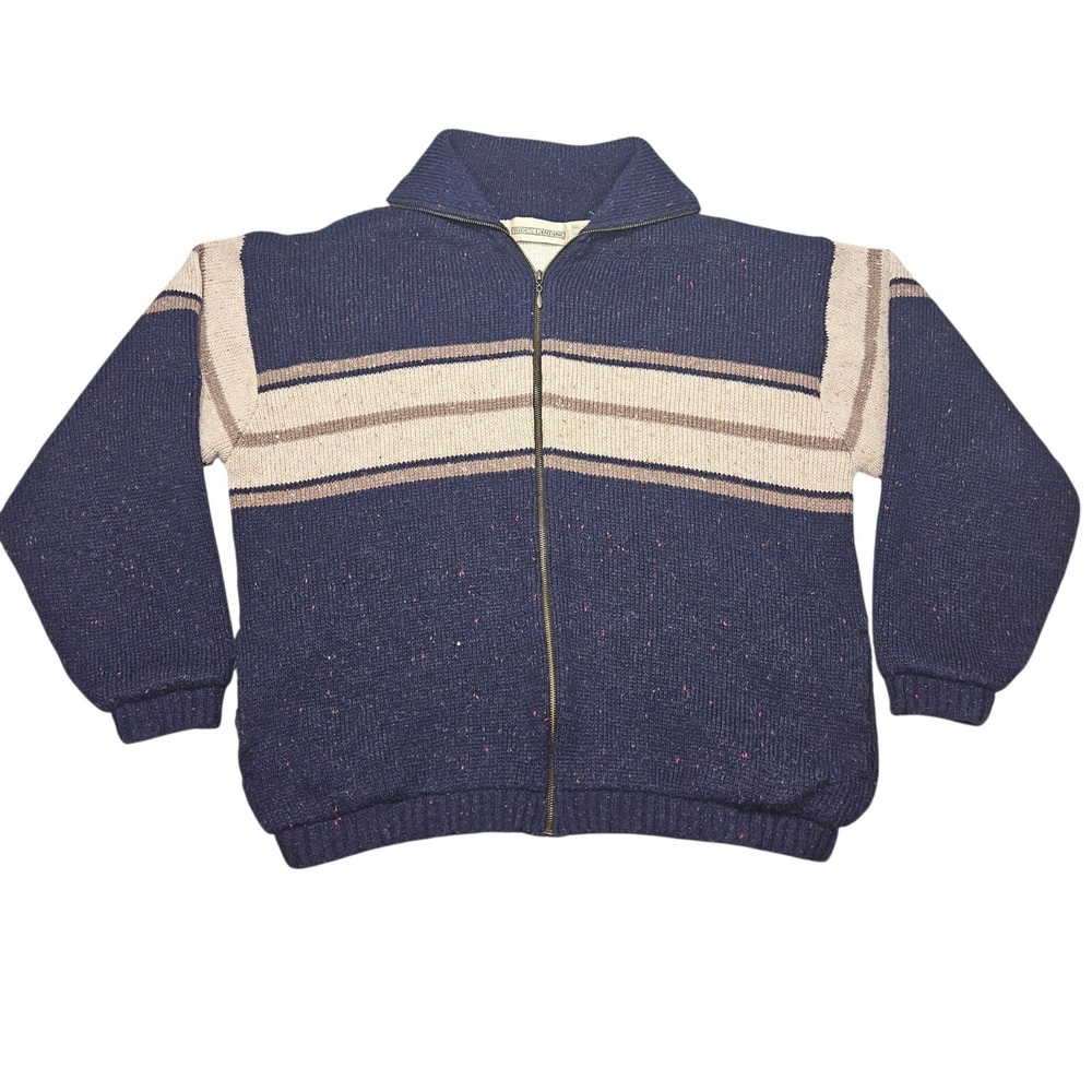 VTG Prides Landing 90s Full Zip Striped Knit Lined Sweater Navy Sz XL